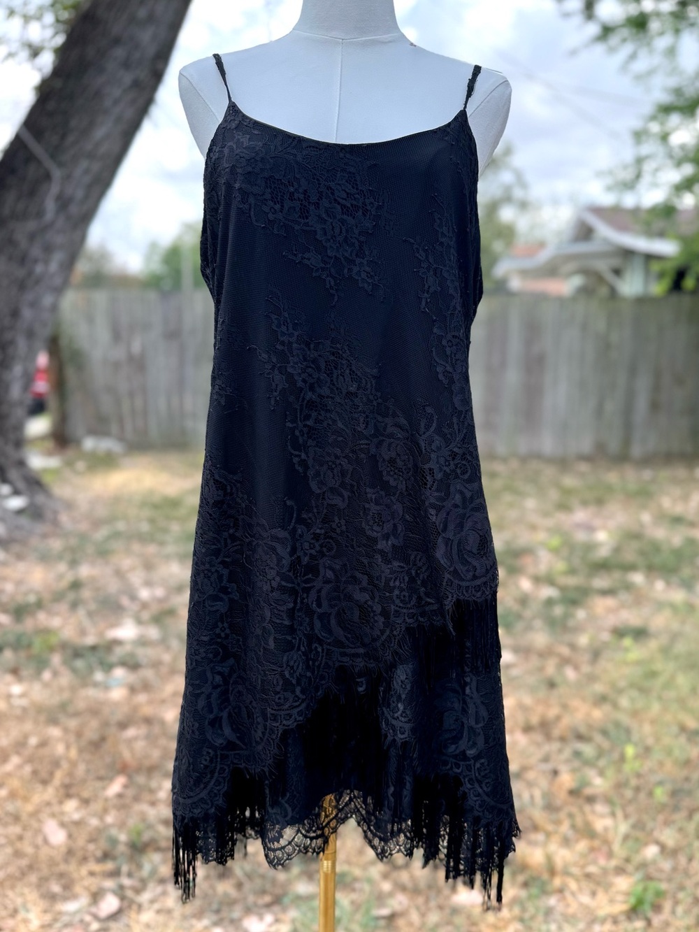 Little black dress with floral and fringe